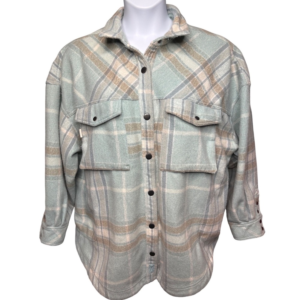 WE THE FREE Womens Light Blue Plaid Oversized Shacket XS Snap Button Gorpcore